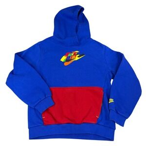 Nike Kids Blue Red Colorblock 3D Logo Pullover Fleece Hoodie Size Large L
